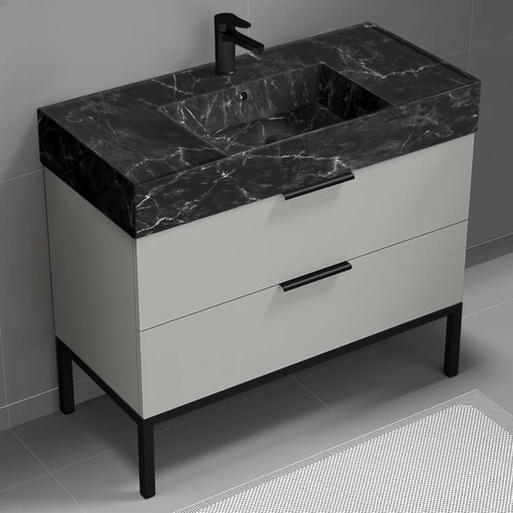 Nameeks DERIN897 Black Marble Style Sink Free Standing Bathroom Vanity, Grey Mist, 40 Inch